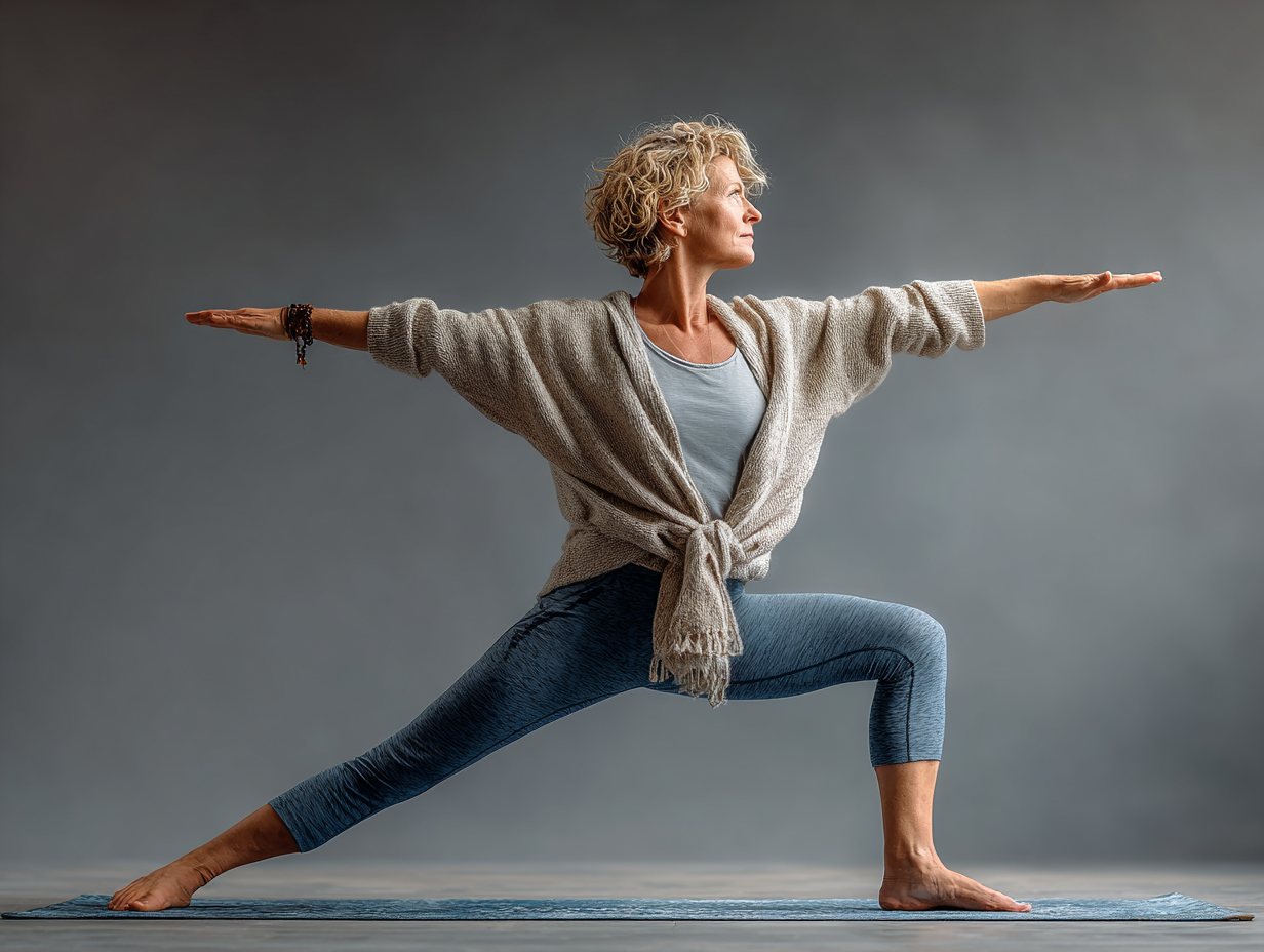 Seniorka cvičící jógu v přírodě